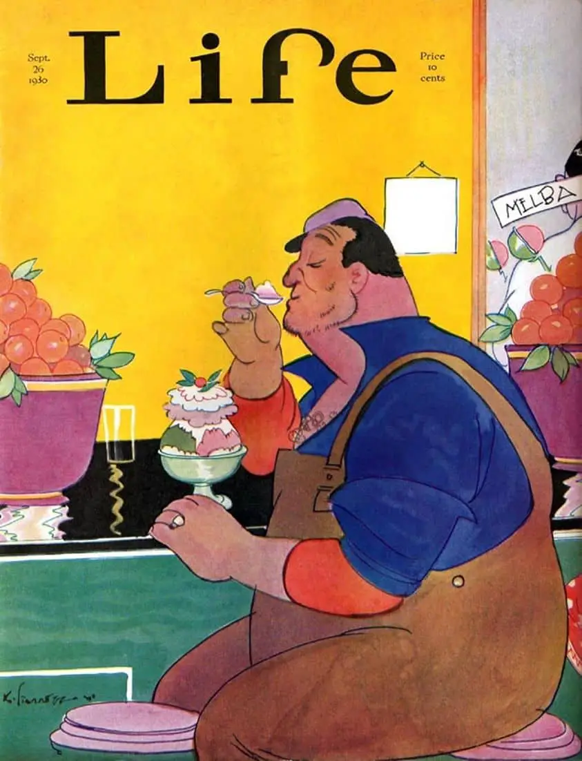 Kemp Starrett, Big Workman eating ice cream sundae with delicacy - Cover of September 26, 1930 Life magazine