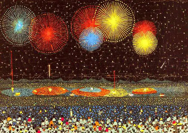 Kiyoshi Yamashita (Japan, 1922-1971), Nagaoka Fireworks, 1950 (Lithograph of a collage)