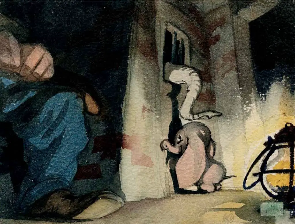 Little Dumbo seizes the opportunity to visit his mum, whilst a far-from-perceptive guard snoozes... Rare concept art by Mary Blair. 1941