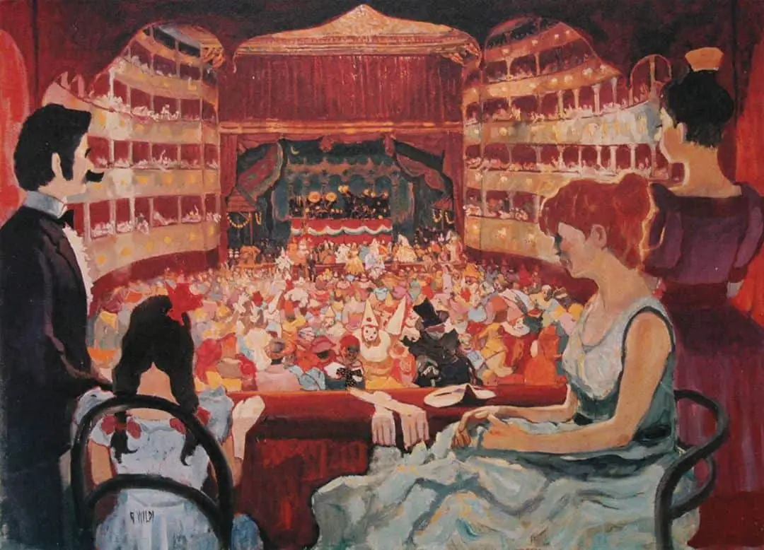 The Rossini Opera House in Pesaro (Rossini's hometown) - Illustration by Achille Wildi, 1969