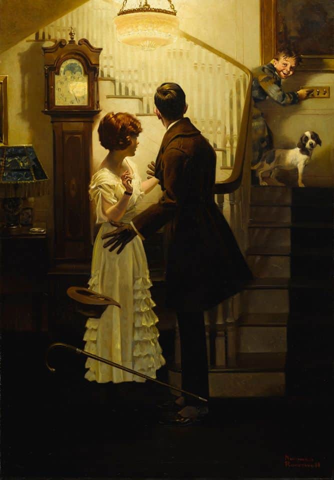 What a difference light makes! (Young couple surprised by little brother) (1920) by Norman Rockwell