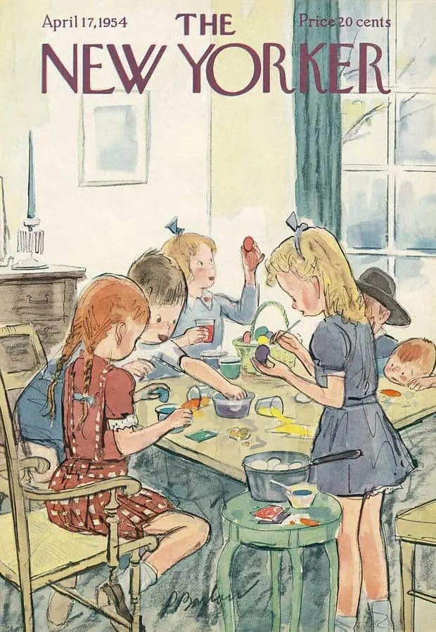 by Perry Barlow (1892-1977) The New Yorker cover April 17, 1954 children painting easter eggs