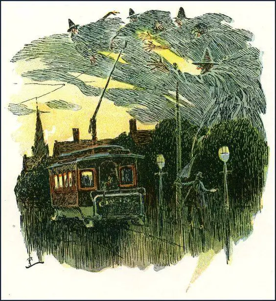 Illustration for The Broomstick Train or The Return of the Witches by Oliver Wendell Holmes, Color Edition published by Houghton Mifflin 1905 by Howard Pyle