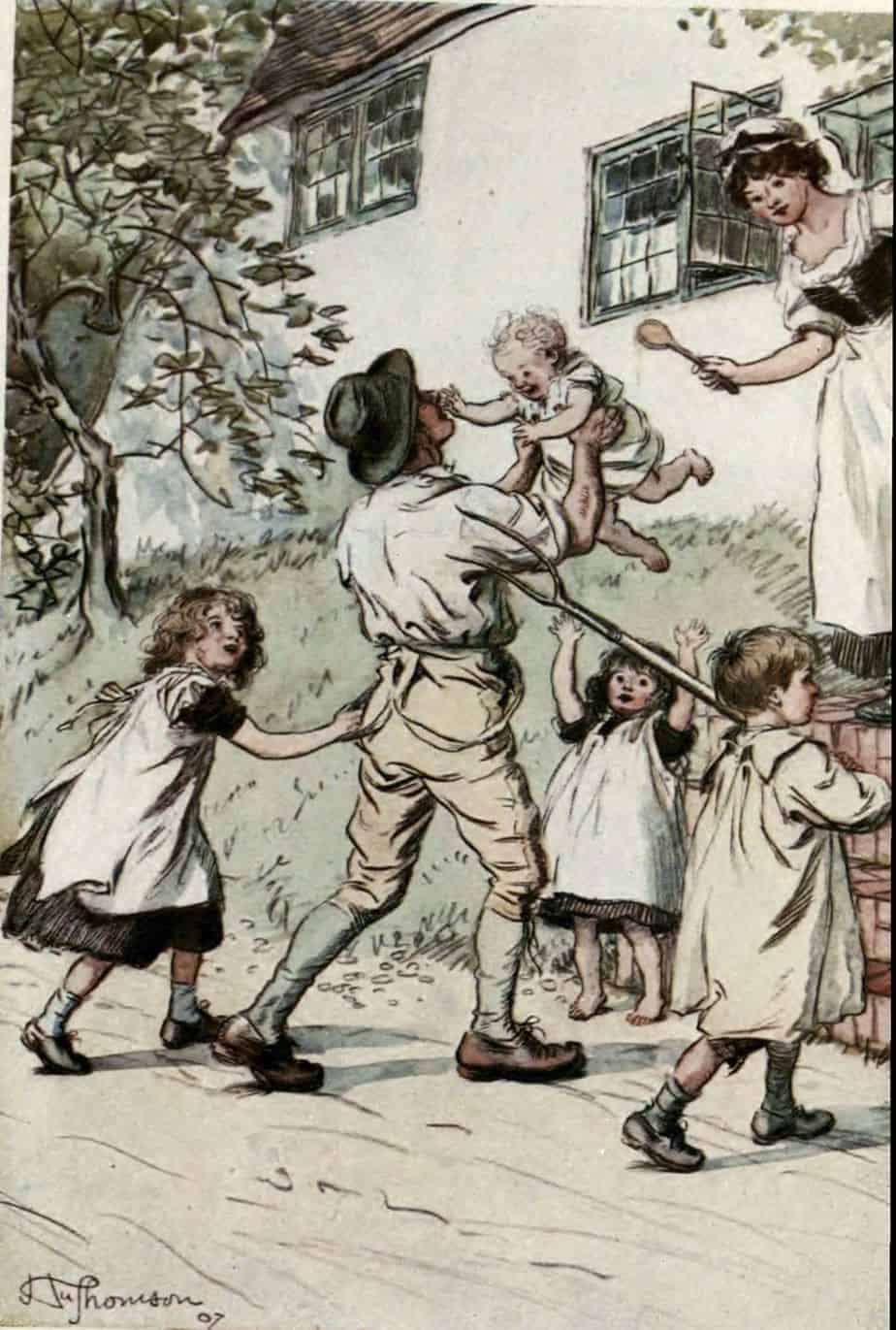 Illustration of 'The Father whose return is greeted by young voices' by Hugh Thomson, 1907 edition of Silas Marner