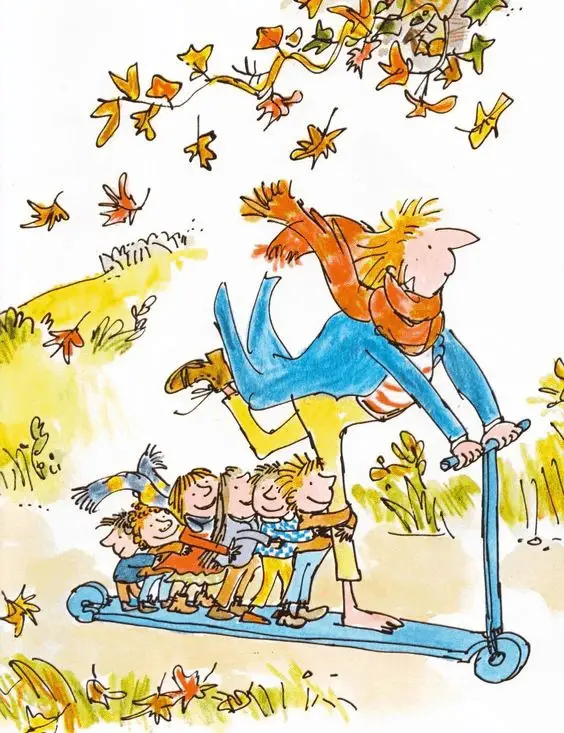 Mister Magnolia by Quentin Blake scooter with children hanging onto his ankle