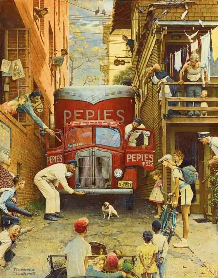 Norman Rockwell Road Block - Issue of The Saturday Evening Post alley way