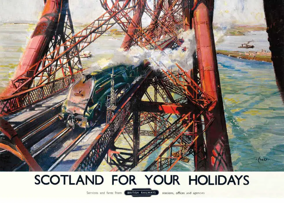 Poster produced for British Railways in 1952 showing the Pacific Plover locomotive crossing the Forth Rail Bridge. Artwork by Terence T. Cuneo (1907-1996)