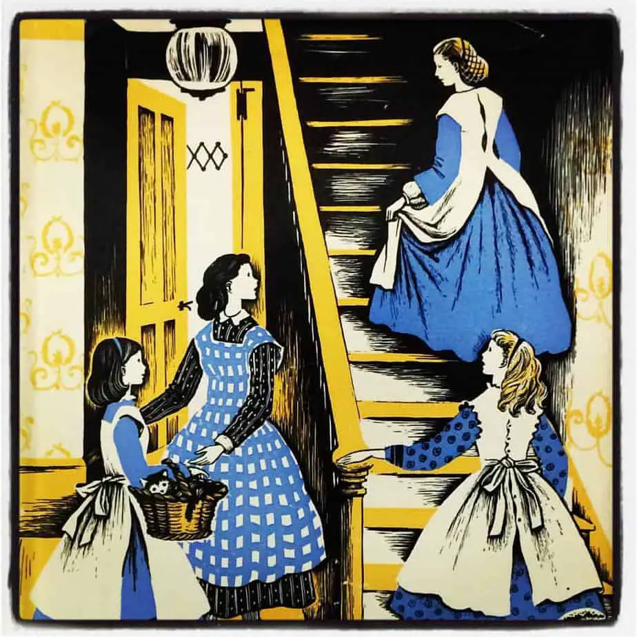 Caldecott medalist Barbara Cooney's 1955 dust jacket design for Louisa May Alcott's Little Women, first published 1868-1869