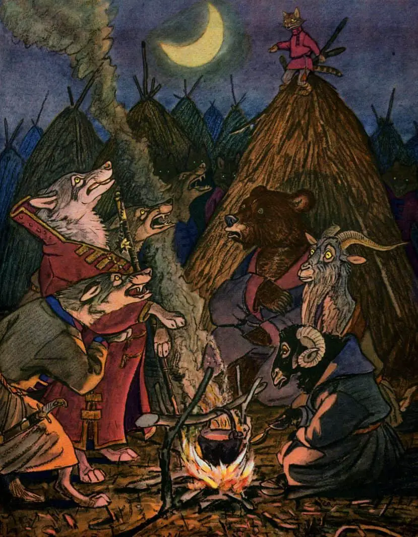 Evgenii Rachev (1906 - 1997) 1960 illustration for Russian Folk Tales campfire