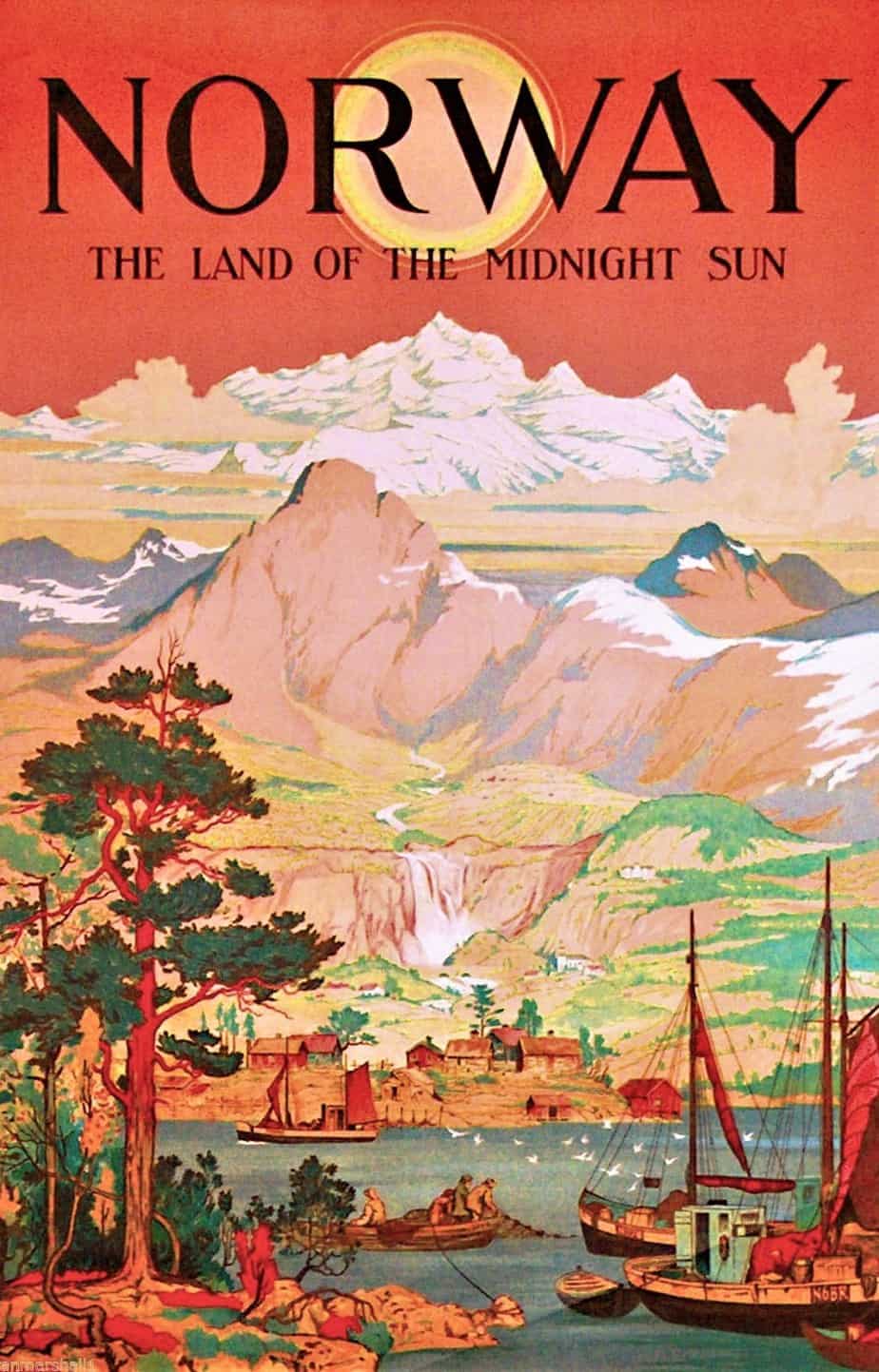Ivar Gull circa 1930 The Land Of The Midnight Sun travel poster illustration promoting Norway