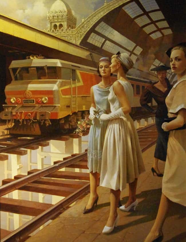 Stanislav Plutenko, b.1961 Russian  oil and tempera on canvas painting train station