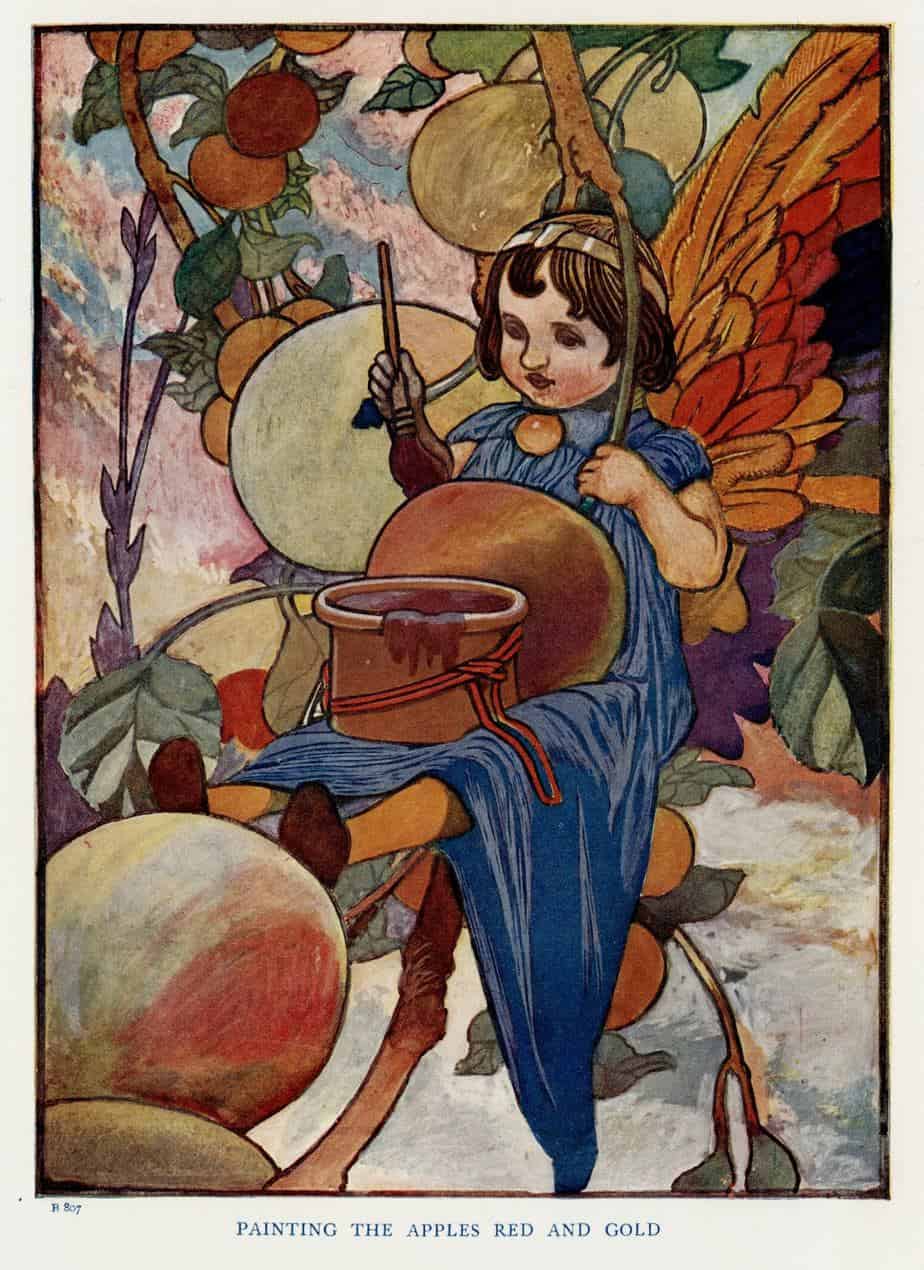 The Story of the Weathercock by Evelyn Sharpe 1907 illustrated by Charles Robinson Painting the apples red and gold