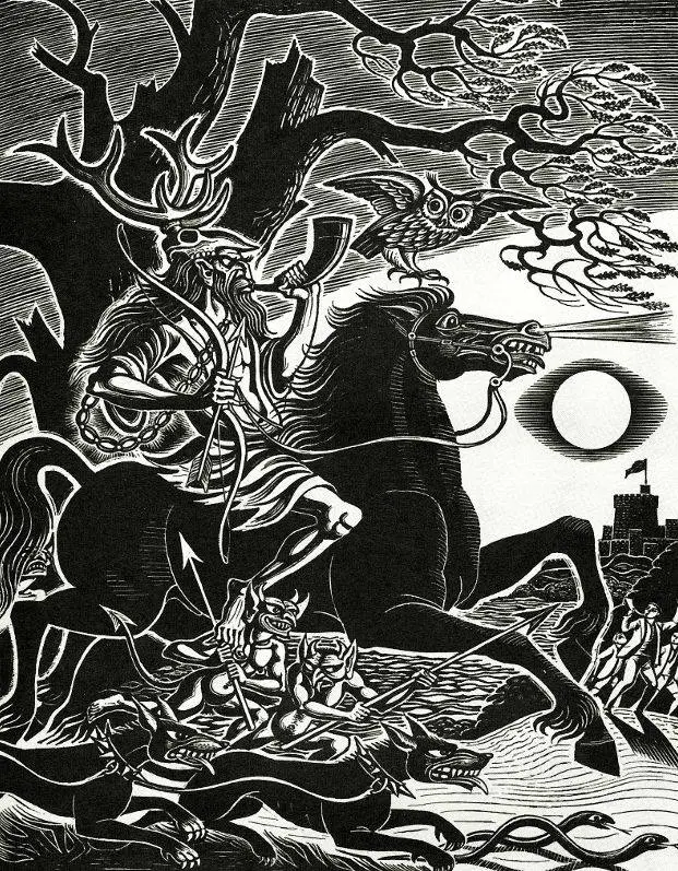 Windsor's Phantom Huntsman. illustration of Herne by Eric Fraser. From Folklore, Myths and Legends of Britain, editor Russell Ash, 1973 white outline