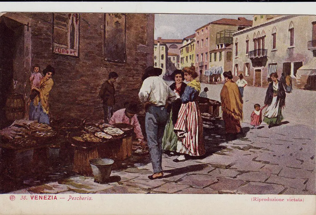 'A Fishmarket in Venice' Postcard illustrator unknown