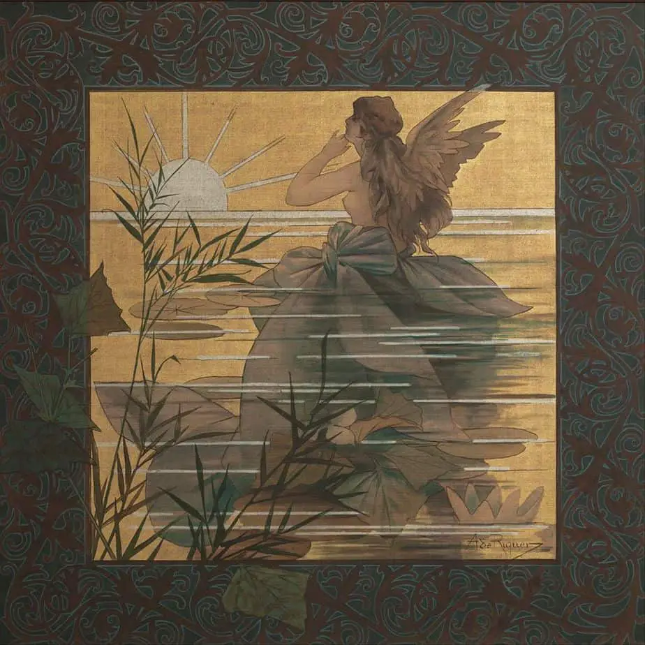 Alexandre de Riquer- Composition with winged nymph at sunrise
