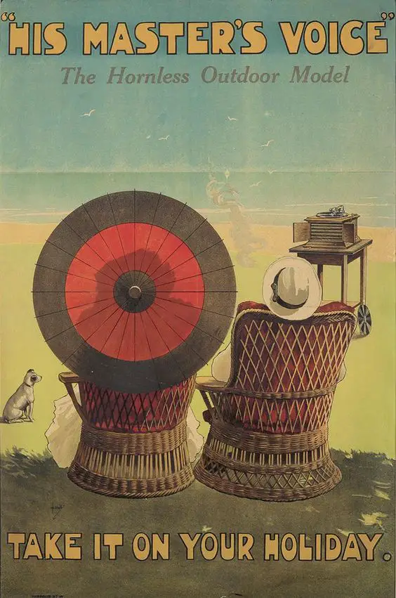 Gramophone advertisement Illustrated by John Hassall (1868-1948) umbrella