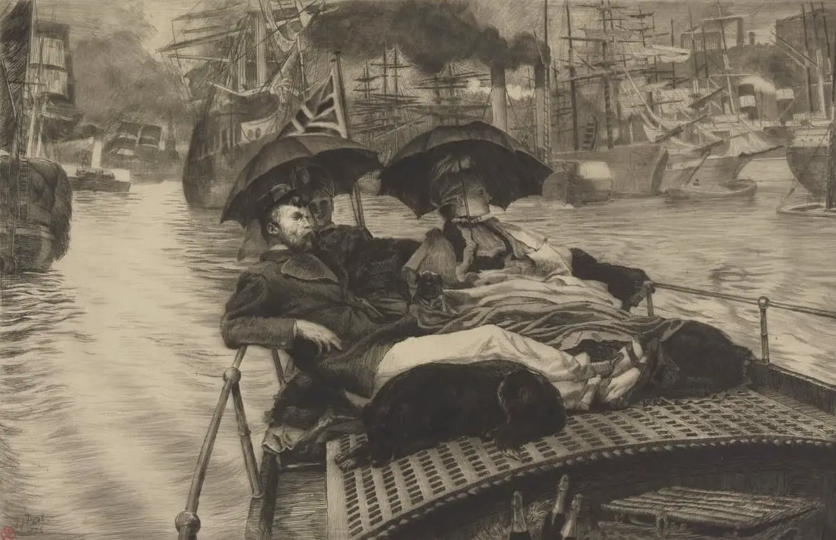 James Tissot holding umbrellas on a small ship