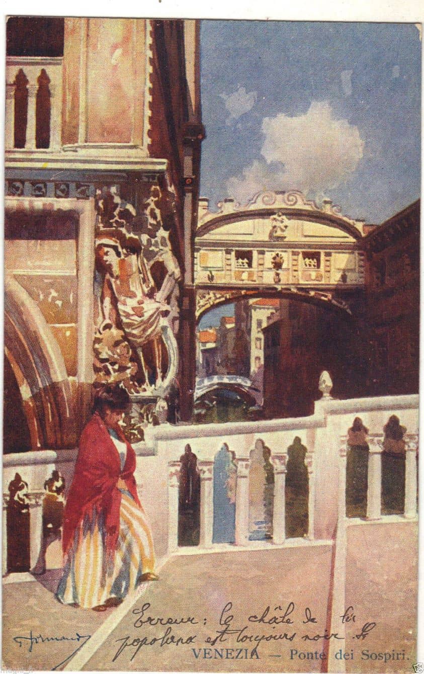 'The Bridge of Sighs' Illustration by G. Fernand, circa 1900 (the words in French on the postcard point out that the illustrator made a mistake as women always wear black shawls in Venice)