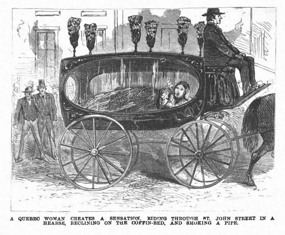 The illustrated police news 1872 A Quebec woman creates a sensation riding through St-John Street in a Hearse, reclining on the coffin-bed, and smoking a pipe