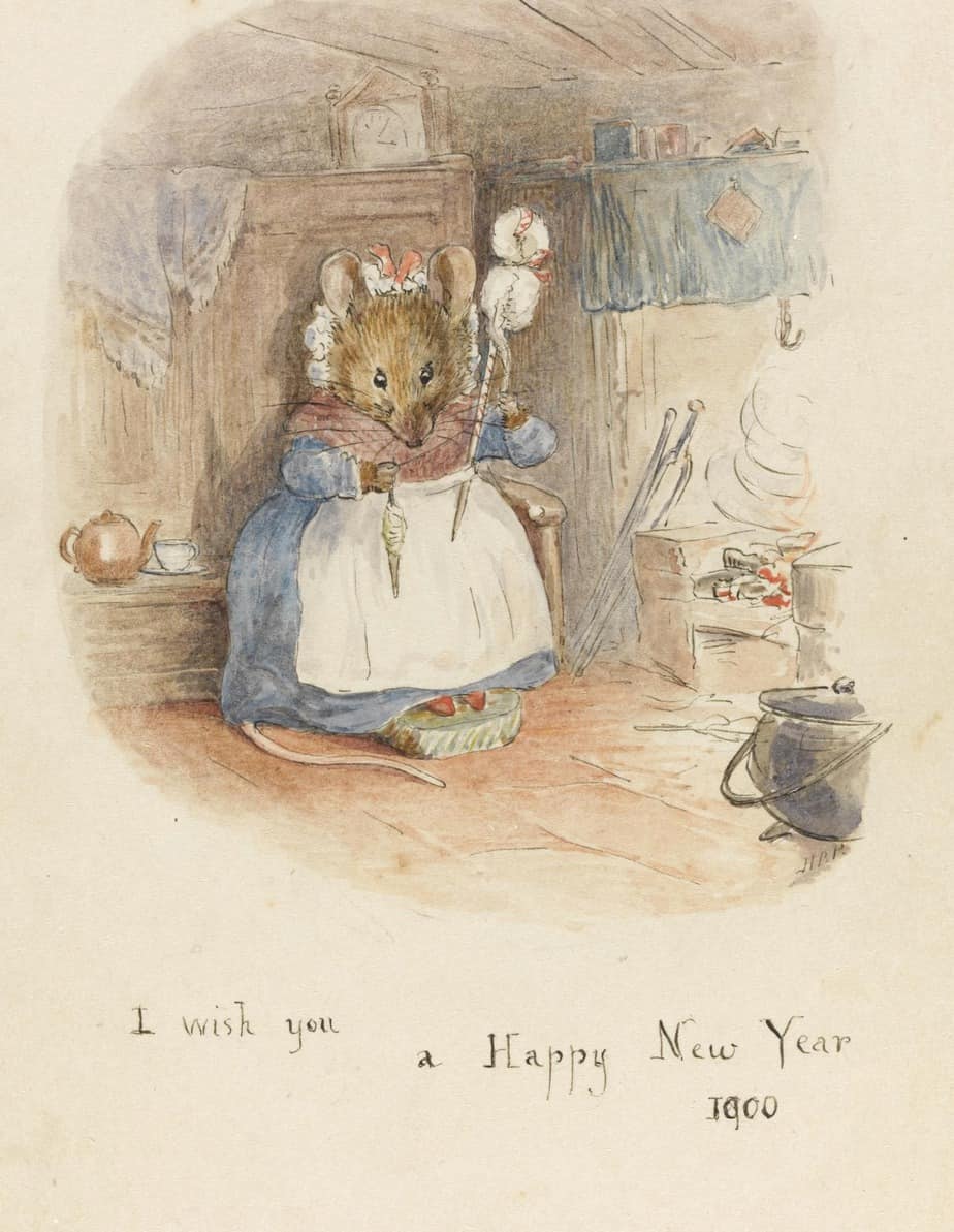 Beatrix Potter Mouse Hand-Spinning by the Fire, 1900, hearth