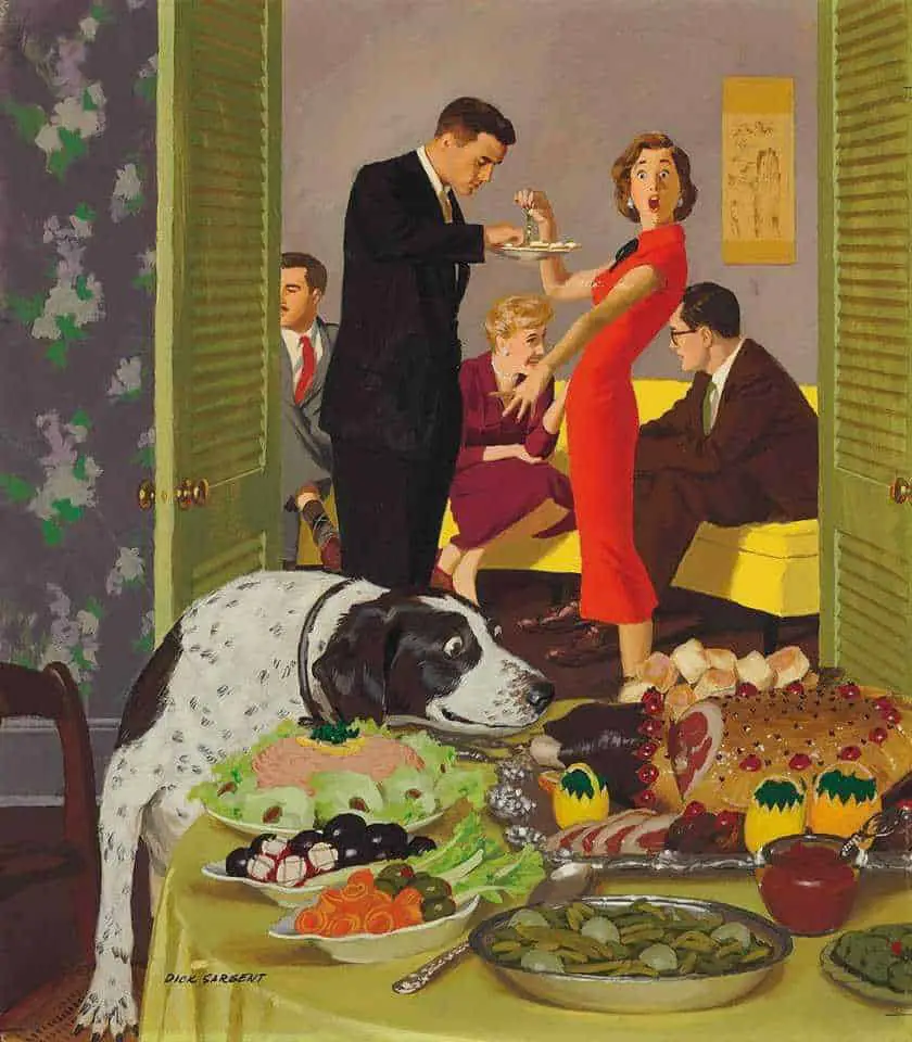 Doggie Buffet cover of The Saturday Evening Post magazine, January 5, 1957 By Dick Sargent, American illustrator