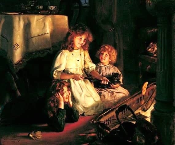 Fireside Delights (1913) by Arthur John Elsley, English painter of Victorian and Edwardian era