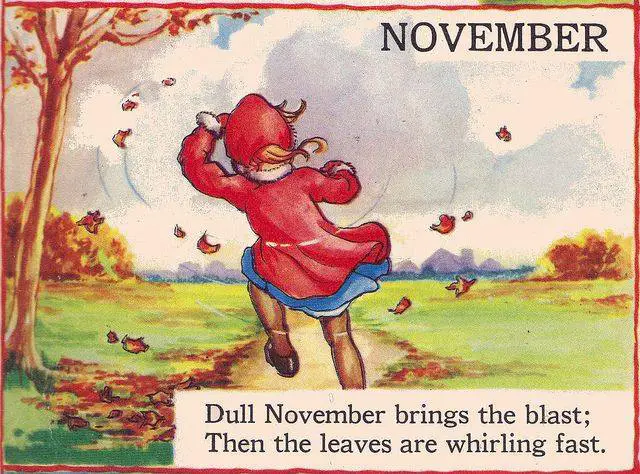 November illustration by Eulalie Minfred Banks (1895-1999), for The Garden Year in The Bumper Book, 1946, edited by Watty Piper, published in New York by The Platt and Munk Co. Inc