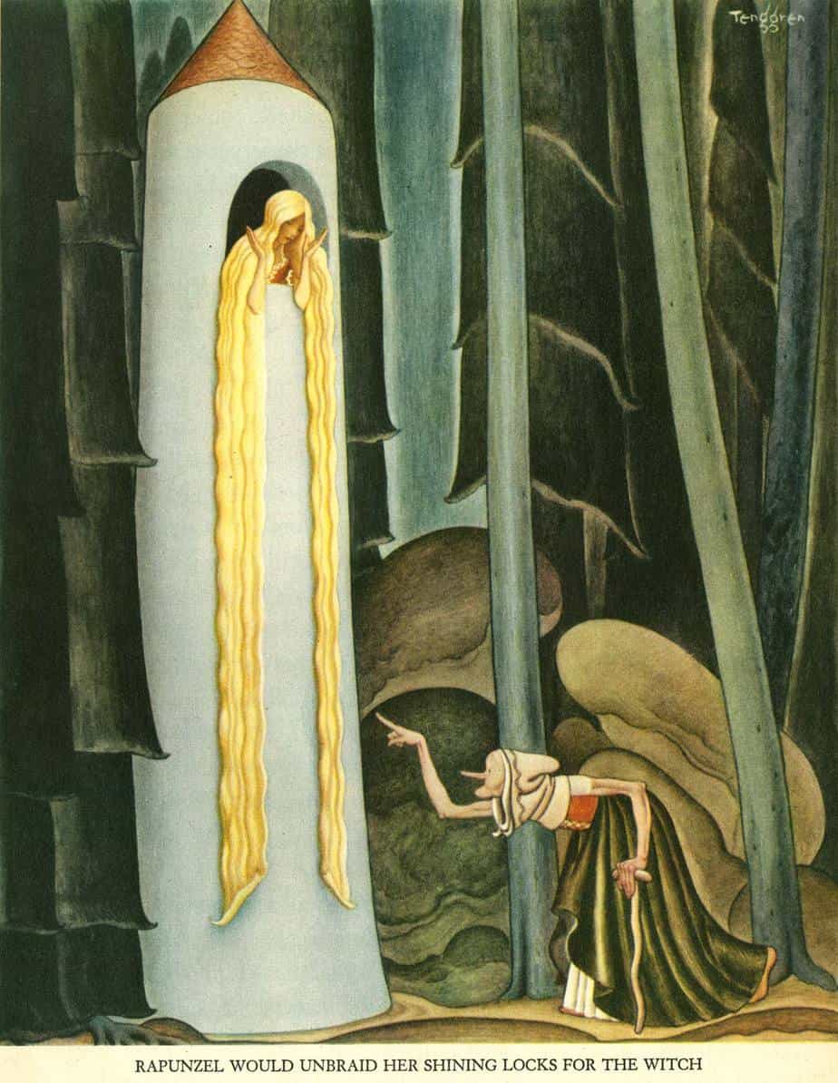 Rapunzel would unbraid her shining locks for the witch from the Tenngren Tell It Again Book, Gustaf Tenngren