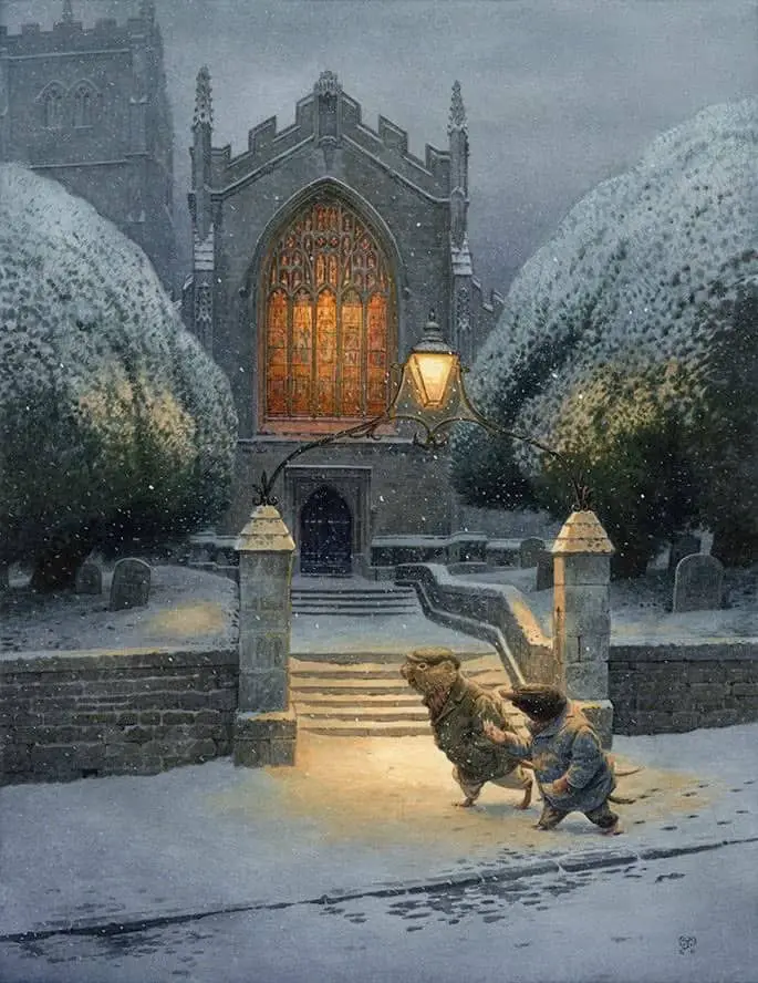 Ratty and Mole Walking Home at Christmas by Chris Dunn stained glass