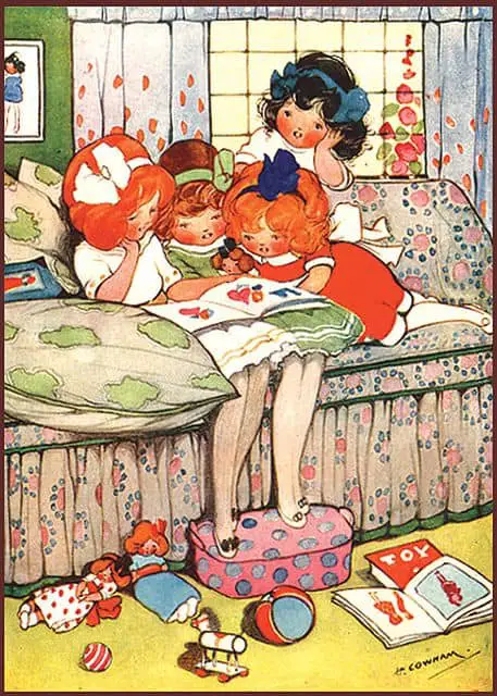illustrated by Hilda Cowham, published by Raphael Tuck and Sons, London, 1913 girls reading