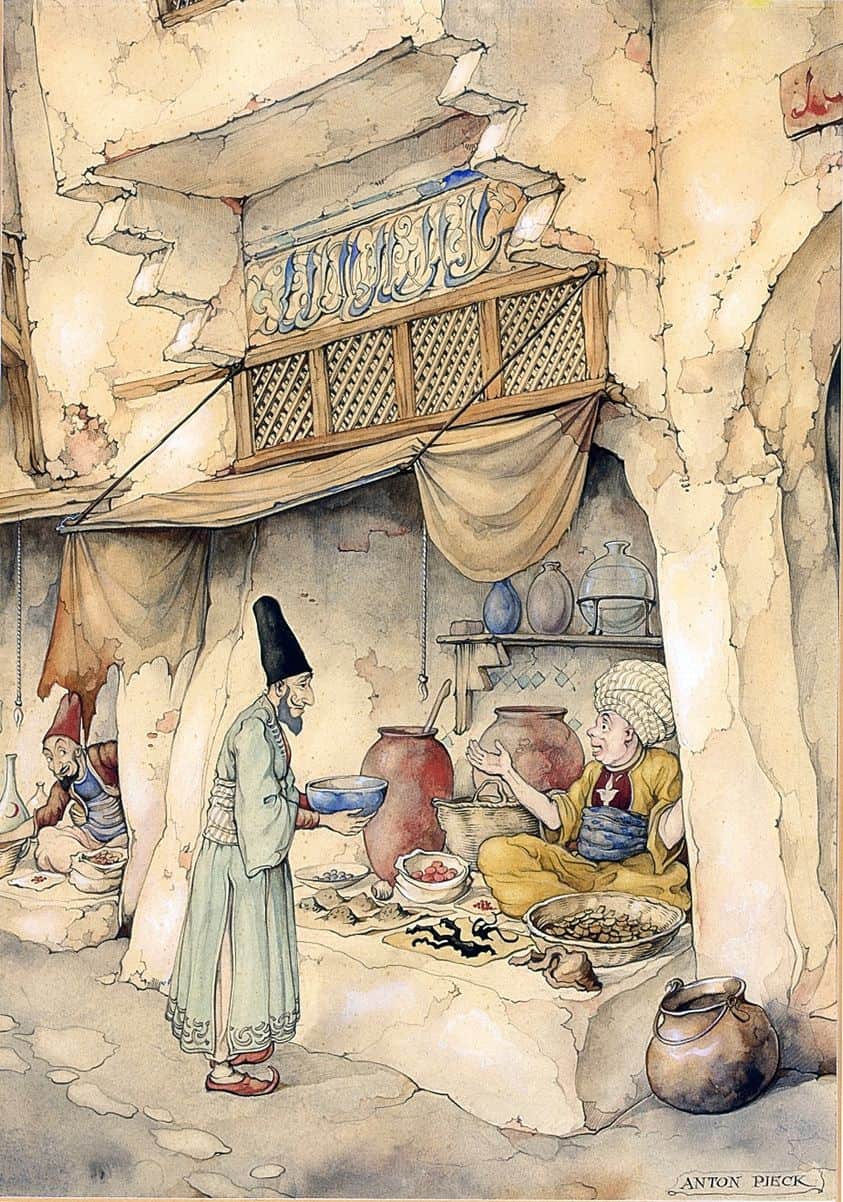 Anton Pieck (Dutch artist) 1895 - 1987 for The Arabian Nights, 'The Story of Mole', Sjamseddin visiting a chemist