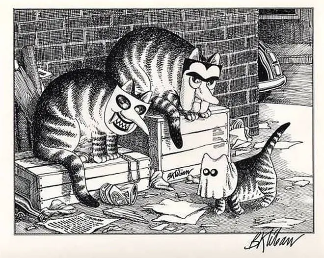 Bernard Kliban (American, 1935-1990), Halloween Cats in masks