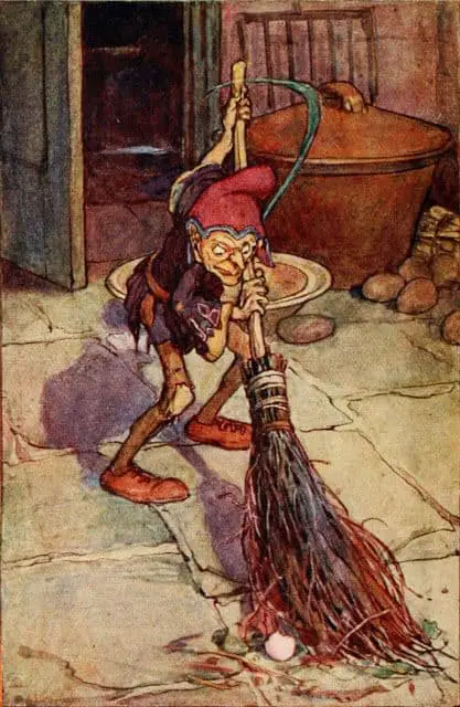 A brownie cleaning the house (I'm guessing at night). Artwork by Arthur Rackham. Brooms themselves are thought to have magical powers. 