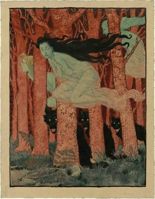 Eugene Grasset (1845-1917) Three women and three wolves (ca. 1900)