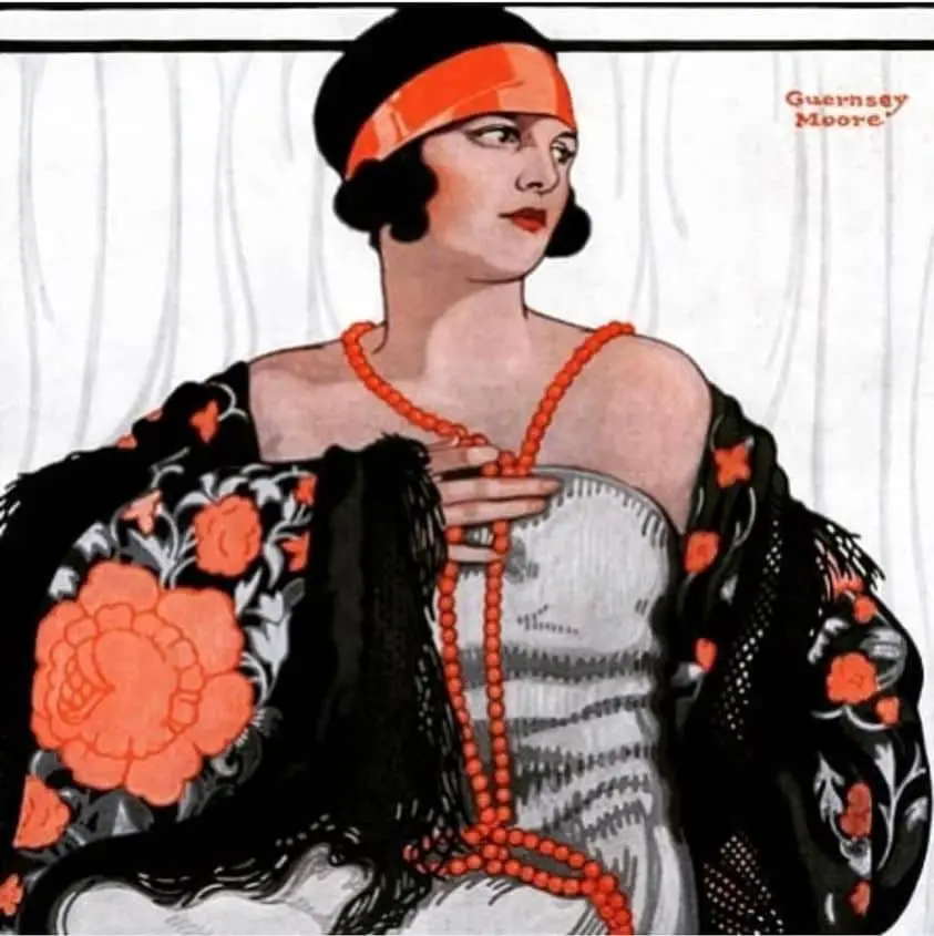 Flapper in Shawl and Beads by Guernsey Moore illustrated cover for Saturday Evening Post issue January 19, 1924 fashion