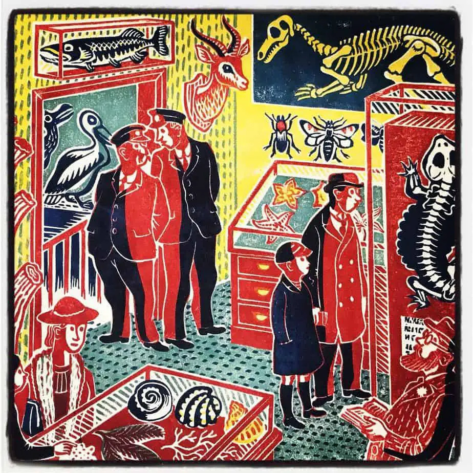 Four-color linocut of a Wunderkammer-style local science museum, featuring a mix of shells, fossils, skeletons, and mounted specimens by printmaker Stanley Hickson