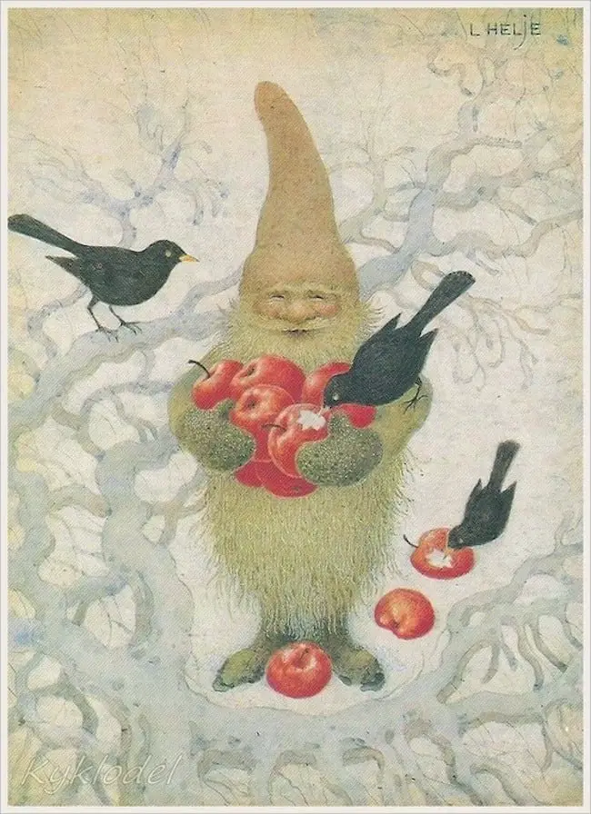Swedish illustrator Lennert Helje (1940-2017) tomte with apple and blackbirds
