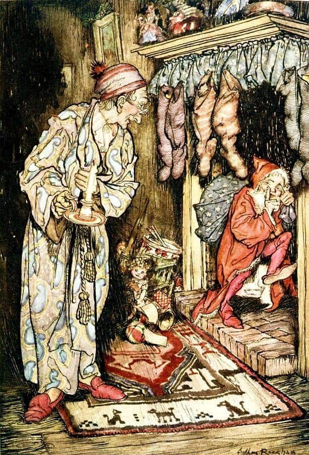 The Night Before Christmas (1931) by Arthur Rackham. Santa is pretty small in this one. The fact that he is a chimney demon is still in people's minds, if this illustration is anything to go by.