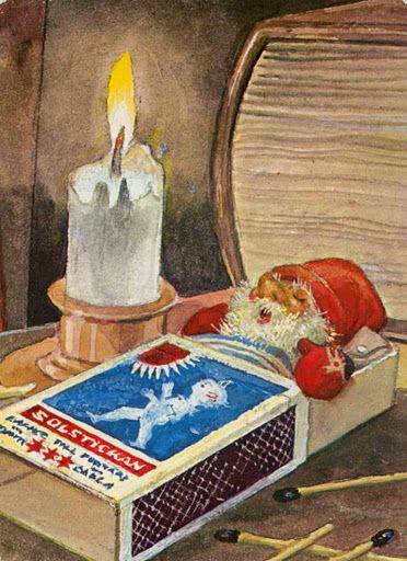 Trygve M. Davidsen (1895-1975) Tomte inside a matchbox. The image of white-bearded, red-dressed Santa comes from Scandinavian tomten.