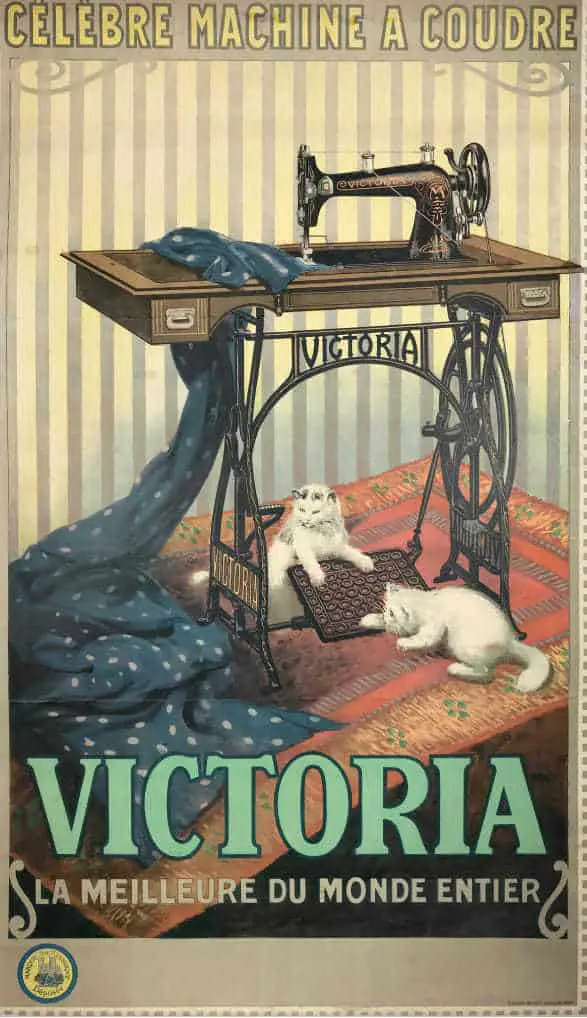 Victoria Sewing Machine advertising lithograph. Artist Imp. B. Sirven, circa 1903, France