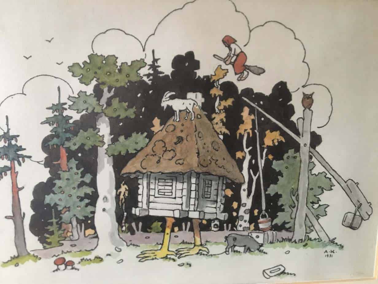 Alberts Kronenbergs (18 Oct 1887-13 Sept 1958). Latvian writer and illustrator. This is from one of his rhymed books for children. Here, a young herd boy on his way home notices a little house on legs.