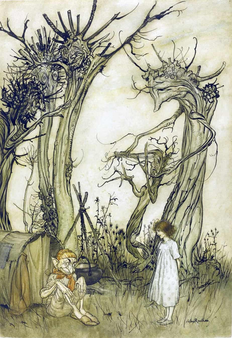 Arthur Rackham (British book illustrator) 1867 - 1939, The Man In The Wilderness, 1913, Mother Goose 1913 for the rhyme The man in the wilderness asked me How many strawberries grew in the sea