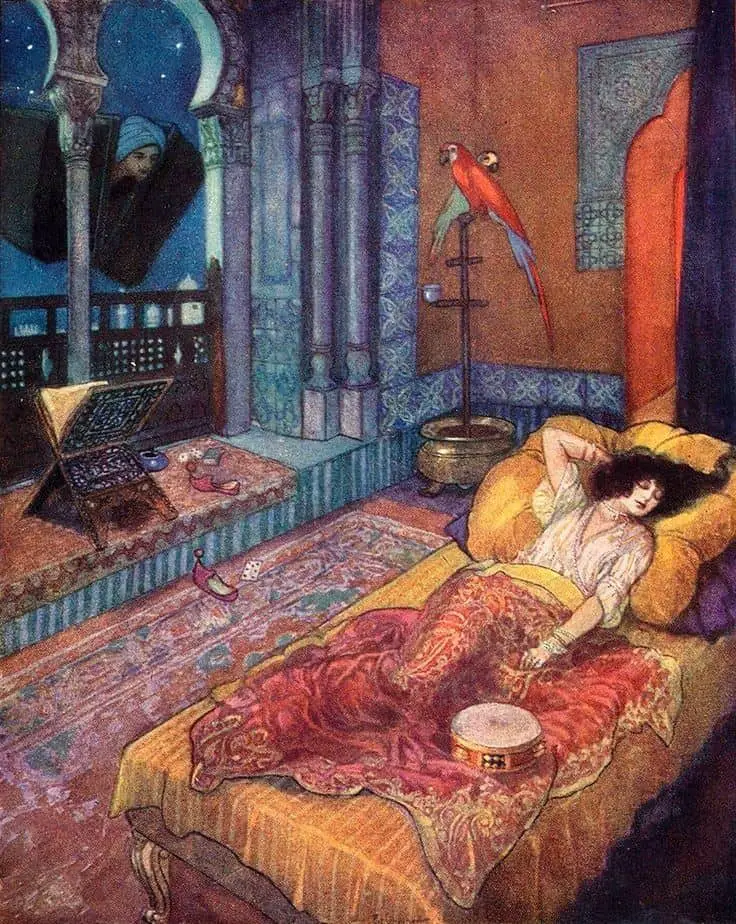 Artus Scheiner Illustration for Andersen Fairy Tales ′The Flying Chest', 1934 bedroom parrot