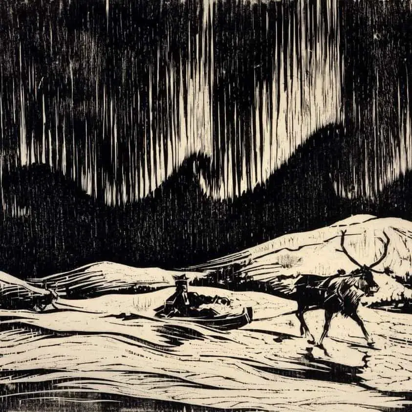 'Aurora Borealis' Woodcut print by Finnish artist Aukusti Tuhko. 1937