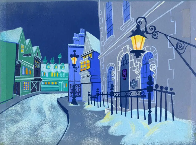 Background painting by Bob Inman for Mister Magoo's Christmas Carol (1962), dir. Abe Levitow, UPA street