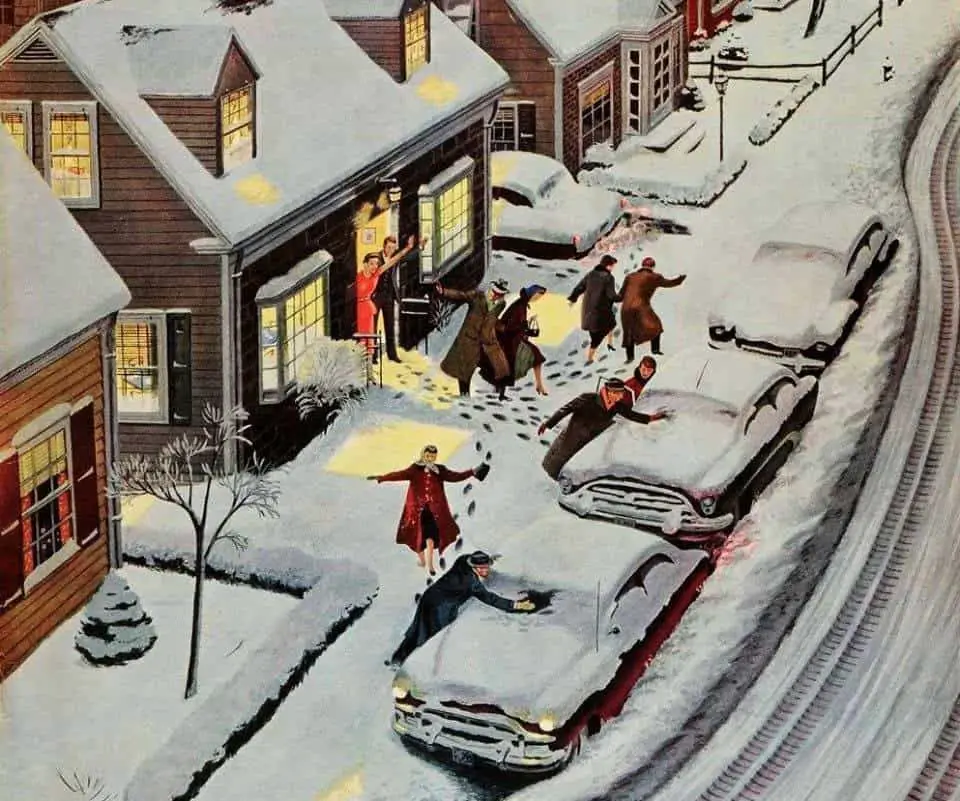 Ben Kimberly Prins (1902 - 1980) 1955 'Party After Snowfall' illustration for The Saturday Evening Post