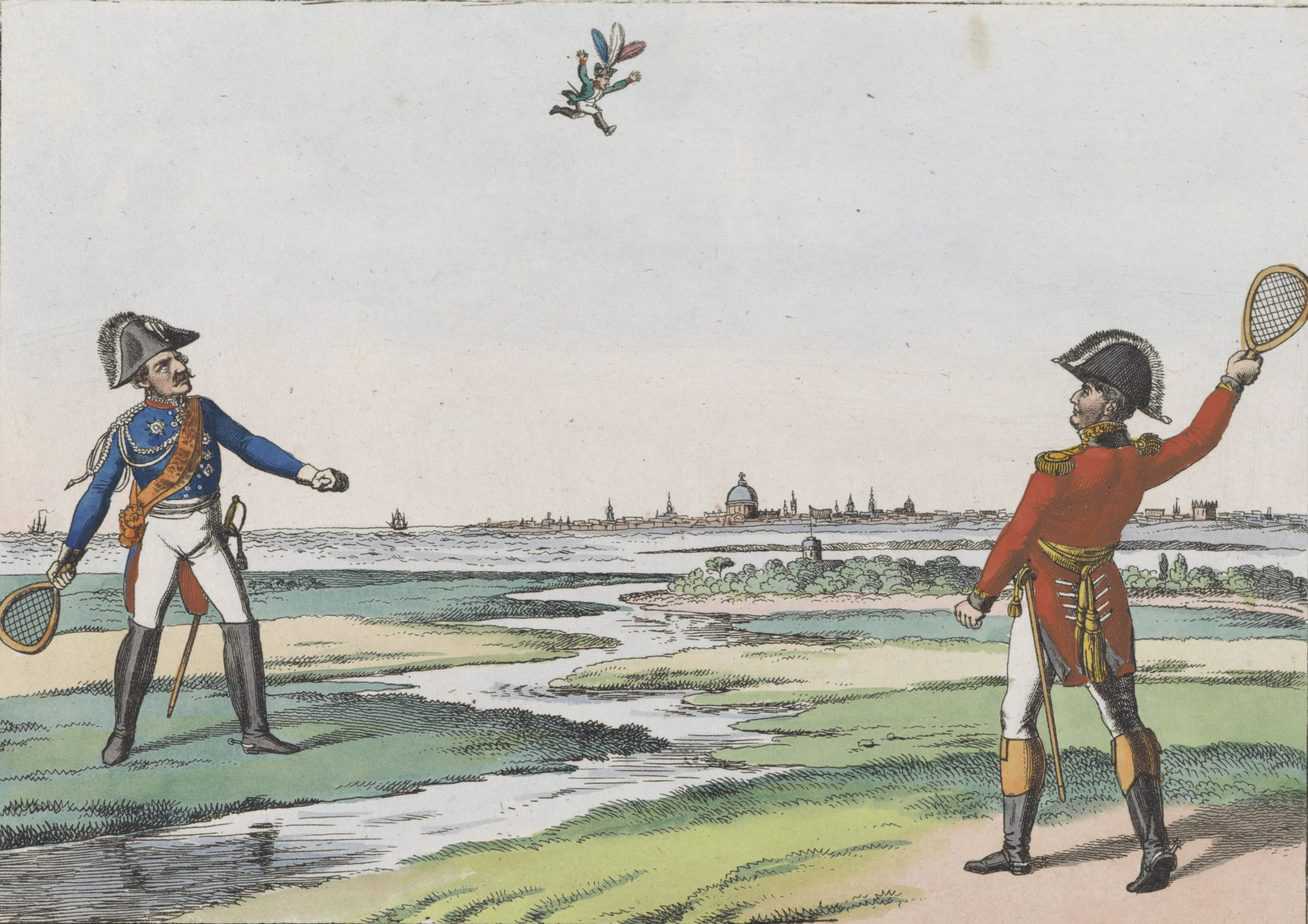 Blücher en Wellington spelen badminton met Napoleon, 1815, Johann Michael Voltz, 1815