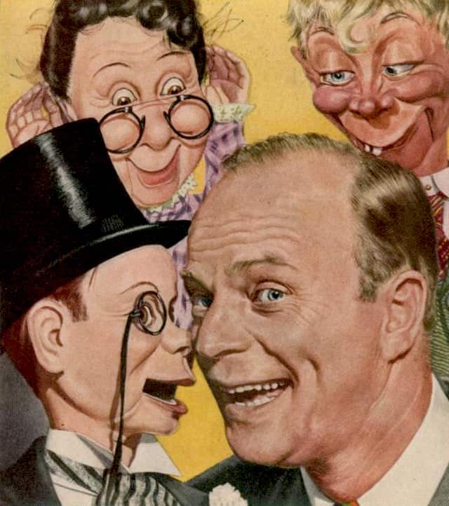 Boris Chaliapin Ventriloquist Edgar Bergen and his dummies. 1944 TIME cover art