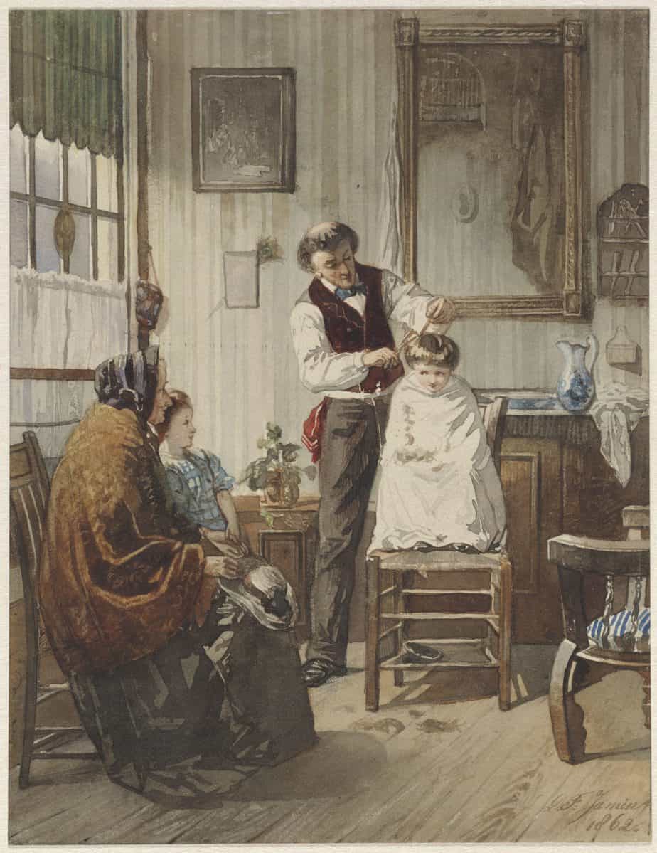 Child at the hairdresser, Diederik Franciscus Jamin, 1862