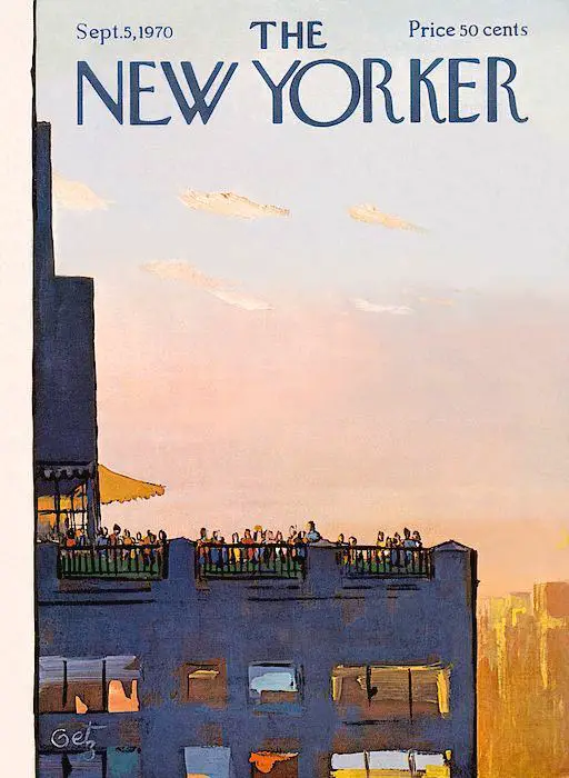 Cover illustration by Arthur Getz, 1970. A sunset from a city rooftop with beautiful use of negative space.